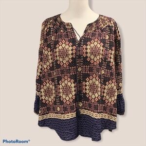 11.1 Tylho Boho Floral Medallion Smocked Tassel Peasant‎ Blouse Small T306T